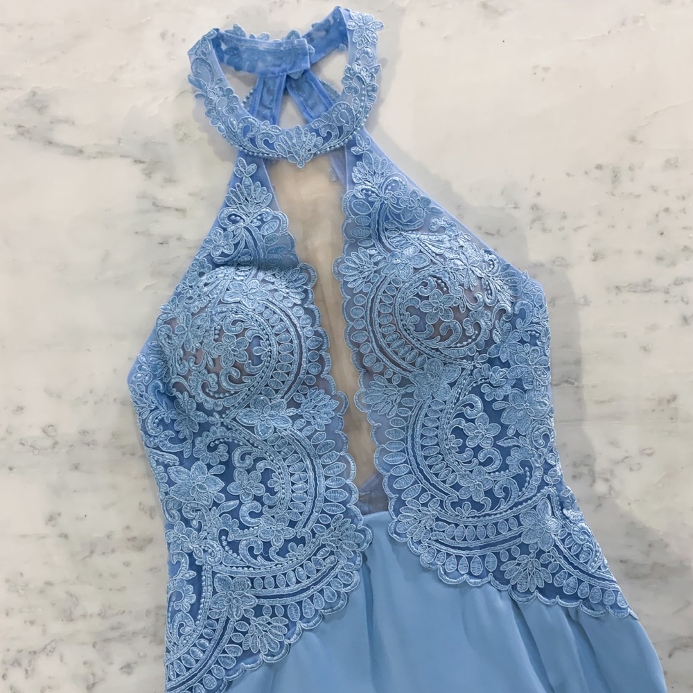 Blue Halter Lace Couture Pageant Prom Dress - Picture 2 of 8